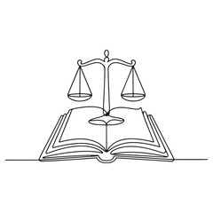 Scales of justice on law book vector – legal balance and fairness concept continuous line drawing art