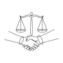 Minimalist line vector of handshake under balanced justice scales, fairness and agreement art