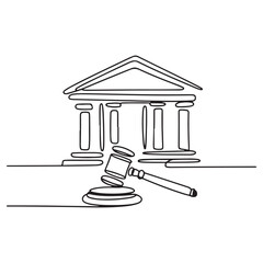 Continuous line courthouse with gavel symbolizing law, trial, judgment and justice illustration