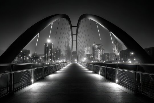 Dramatic monochrome image of a modern illuminated urban bridge at night. - Powered by Adobe