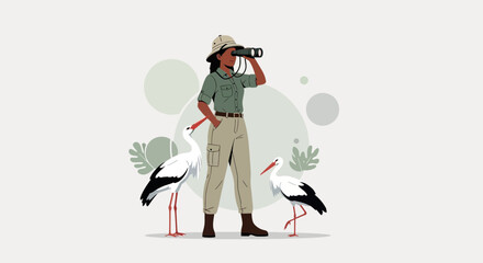 Fototapeta premium Observer Enjoys Storks Surrounded By Nature, Depicting Wildlife, Searching Carefully