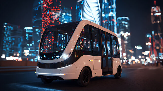 Autonomous electric shuttle bus operating in a futuristic city at night