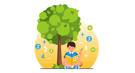 Young Student Learning Mathematics Under a Tree, Studying Educational Concept Illustration