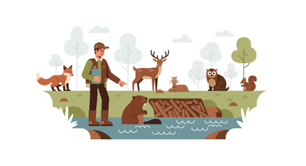 Fototapeta premium Observer Guiding Tour Through Enriched Woodlands Ecosystem With Various Animals Present