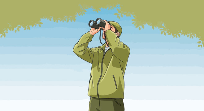 Observer Using Binoculars To Discover Hidden Wonders In A Natural Setting