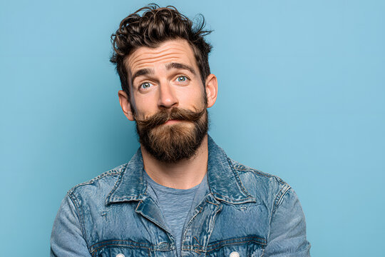 Hombre espa&ntilde;ol, joven, de 30 a&ntilde;os, con gran bigote y barba, posando para la c&aacute;mara sobre fondo de estudio azul pastel. Concepto salud masculina, movoimiento de marzo