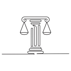 Continuous line vector of scales of justice balanced on classical pillar, law and legal art