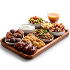 Assorted Middle Eastern Dishes on a Wooden Tray with Fresh Juice and Salads
