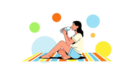 Young Woman Drinks Water Sitting On a Striped Mat Outside, Staying Hydrated, Illustration