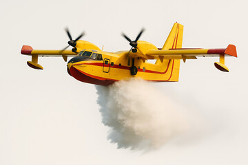 Yellow firefighting airplane dropping water from sky during emergency action against dangerous wildfire flames today