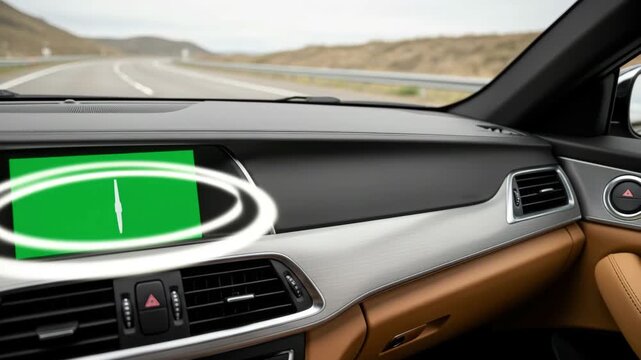 Modern car interior with navigation screen displaying a route, focus on the dashboard and advanced technology for a smooth and safe journey