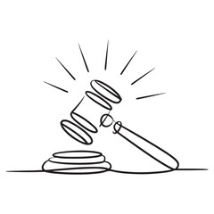 Line art of judge’s gavel striking block with impact lines, legal decision vector illustration