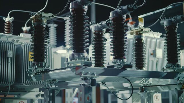 High voltage electrical transformer with insulators and cables for power and distribution.