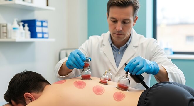 Practitioner applying cupping therapy on patients back.