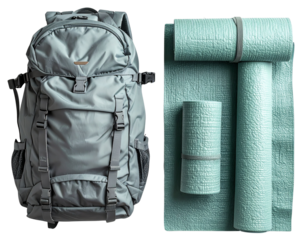 Mint Green Yoga Mat with Rolled Mat and Gray Backpack  Transparent PNG