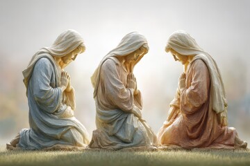 Three wooden statues of Jesus praying with reverence on the lawn in soft lighting, highlighting the spiritual and religious significance, a symbol of faith and contemplation.
