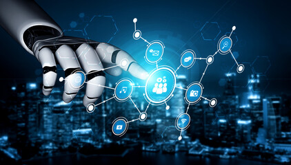 A robotic hand reaching out to a digital network interface, symbolizing advanced technology, connectivity, and innovation in a futuristic urban environment. Tessel