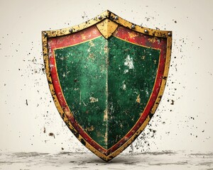 A weathered shield, worn and impactful