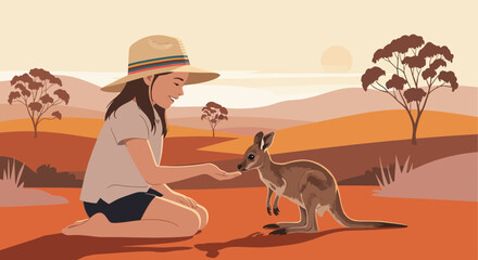 Young Woman's Interaction With Kangaroo In Australian Outback Amidst Warm Sunlight