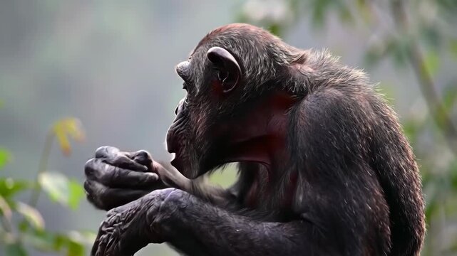 Side view of a chimpanzee in lush green jungle, primate animal wildlife conservation. Ape animal thinking in the jungle.