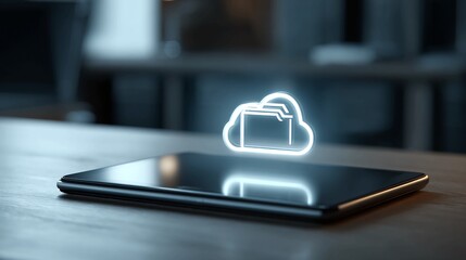 Modern cloud storage concept with glowing digital folder icon hovering over a sleek tablet device on a wooden desk, representing seamless data access and digital transformation.