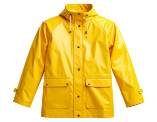 Side profile of a hooded yellow raincoat, emphasizing waterproof fabric texture, seam