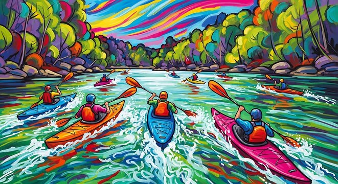 Vibrant Impressionist Painting of People Kayaking on a River.