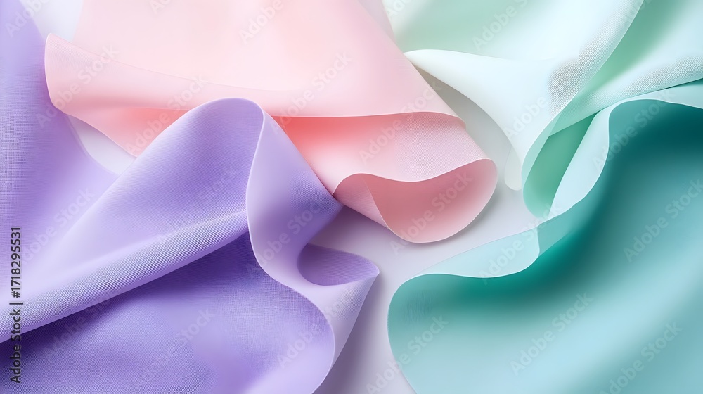 Wall mural pastel-toned fabrics, draped in fluid shapes, create an abstract and delicate visual display.