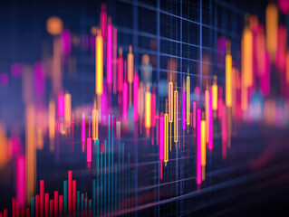 Vibrant neon-colored financial data chart displaying dynamic stock market trends with glowing bars and candlestick patterns on a dark futuristic digital interface backgro