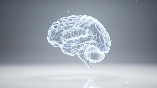 Transparent brain model floating above a smooth surface, symbolizing neuroscience and cognition