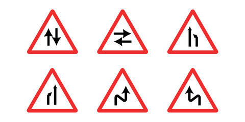 Obraz premium Road Sign Set with Traffic Warning Symbols for Drivers and Pedestrians Safety on Highways