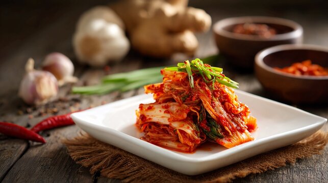 Vibrant, spicy kimchi served fresh on a rustic wooden table, showcasing fresh ingredients like chili, garlic, and ginger, perfect for culinary content and healthy eating themes.