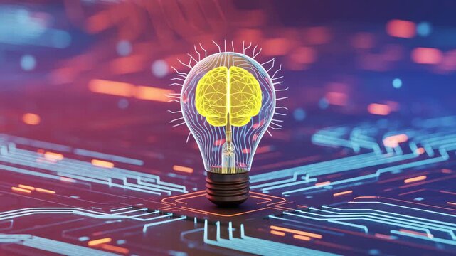 A digital illustration of a glowing brain in a light bulb
