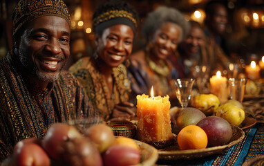 Joyful gathering of family and friends participating in Kwanzaa traditions with Kinara, fruits, and cultural symbols isolated on transparent background PNG