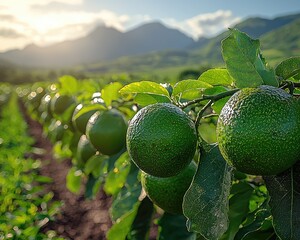 Lush green limes on trees in a field, sunlit mountains in the background