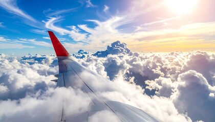 Aerial view of airplane wing through clouds
