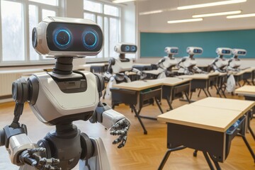 Robots conducting a lesson in a modern classroom setting with students present