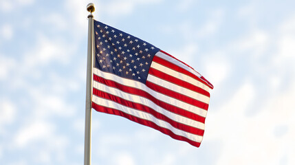 Fototapeta premium American flag waving in the breeze. Stars and stripes against a blue sky with light clouds, a symbol of freedom and national pride.
