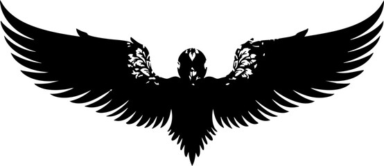 Powerful eagle silhouette with wings spread wide, evokes freedom and strength in this design element perfect for logos, branding, and striking visuals © Vectors Studio