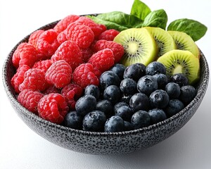 Fresh raspberries, blueberries, and kiwi in a bowl