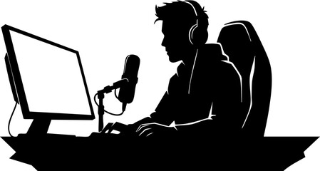 Dynamic gamer intensely focused on computer screen with headset and microphone ready for streaming action and competitive play © Vectors Studio