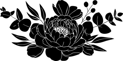 Elegant black peony bouquet with eucalyptus branches, perfect for sophisticated wedding invitations and chic branding designs. © Vectors Studio