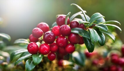 Obraz premium Cluster Of Vibrant Red Cranberries On Green Leafy Branch In Natural Environment