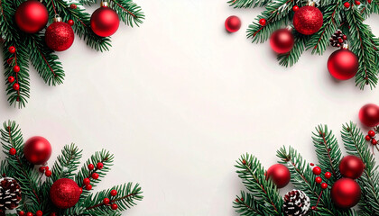 Christmas motif, frame of fir branches and red Christmas balls, space for text in the middle, white background, AI-generated Image