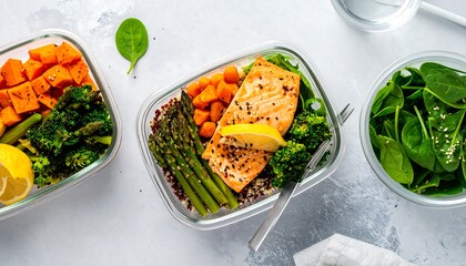 Healthy lunch containers with salmon and vegetables