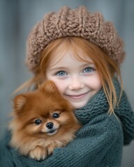 Red haired girl hugging pomeranian dog in knitted hat, perfect for cozy family projects, holiday cards or seasonal stock