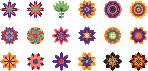 Symmetrical flower icons, colorful floral set, vector design, decorative petals, vibrant motif, artistic pattern, graphic illustration