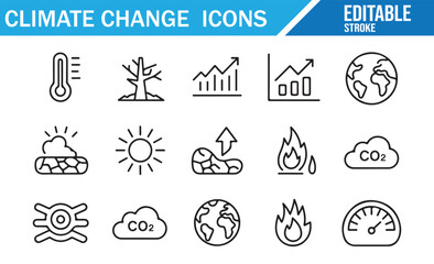 Line glyph icons of global warming, melting ice, and ecological risk for design projects