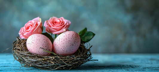 Decorative nest with pink eggs and roses on a rustic wooden surface