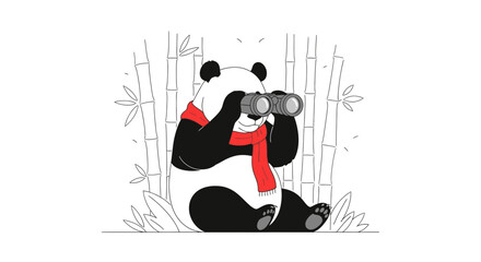 Panda Wearing Red Scarf Observes Through Binoculars In A Bamboo Forest Scene